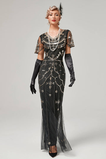 Paillettes Noire Longue Robe des années 20